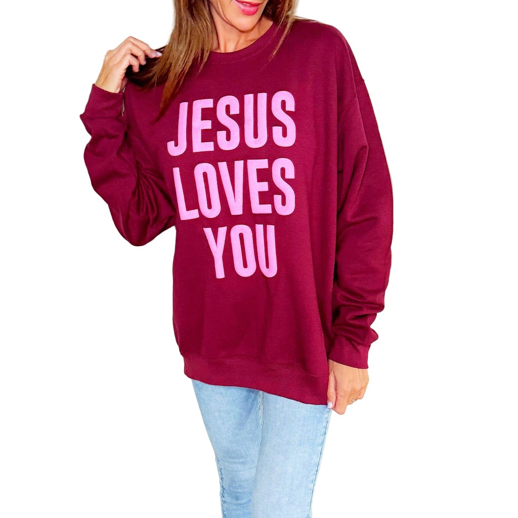 Puff Jesus Loves You Sweatshirt - Maroon