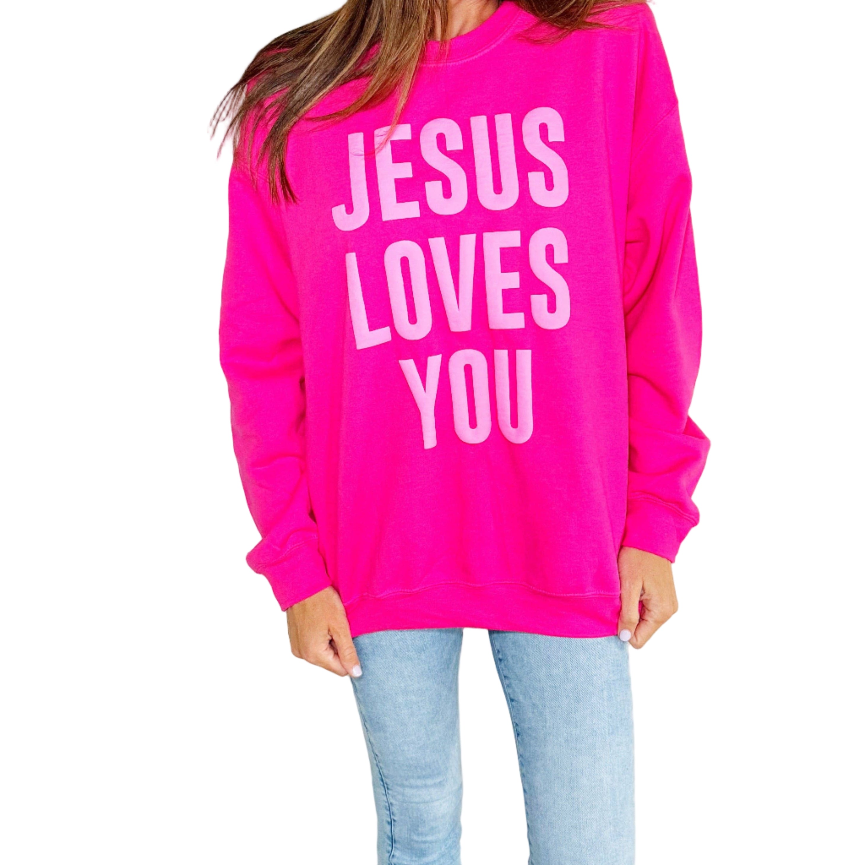 Puff Jesus Loves You Sweatshirt - Sangria Pink